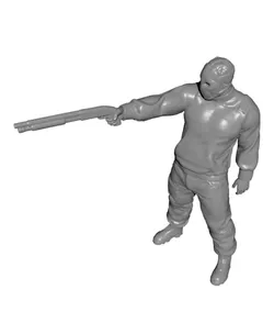 Masked man in black jacket aims shotgun with determined gaze