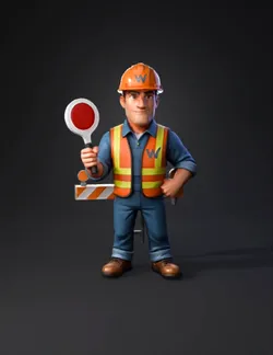 road construction worker holding stop sign wearing orange safety vest