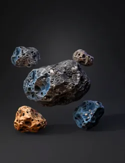 two to three large asteroids with variation in size width and a few sm