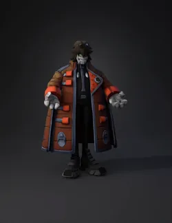 villain character with long brown coat black suit skeletal mask red