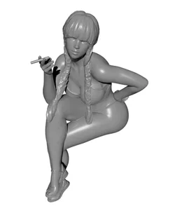 Woman sitting  with Pigtails wearing bikini smoking cigarette with contemplative gaze