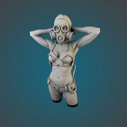 Gas mask girl with hands up