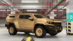 Armored Sand Colored SUV with Lights On 3D model