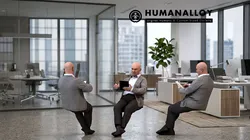Senior Caucasian man sitting in office wearing transitional 3D model