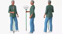 Grey-Haired Man in Plaid Shirt with Rake Rigged for Cinema 4D 3D model