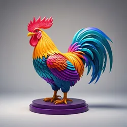3097 Multicolored Rooster on Base - Color 3D Model, pug, dachshund, poodle,dogue, camel, elephant, rooster, bear, lion, pomeranian, donkey, wolf, totem, newfoundland, bat, low poly, armadillo, galgo