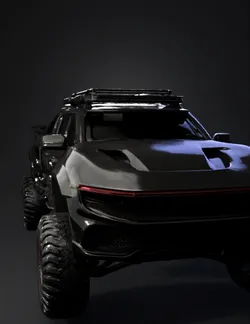 black off road pickup truck with large tires red accent lighting roo