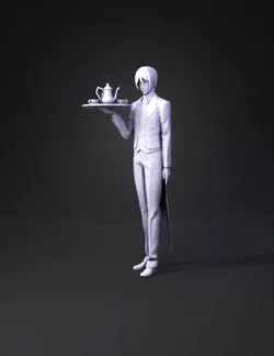 butler character in dark formal suit holding a silver tea set on a tra