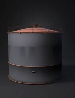 Create a game ready 3D model of a large cylindrical oil refinery stora