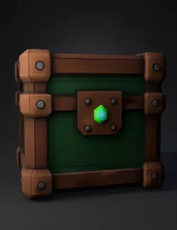 Create a stylized low poly Uncommon RNG loot box for a game Wooden cr