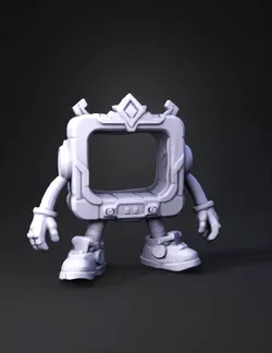 cube shaped robotic character with blue accents orange crown details