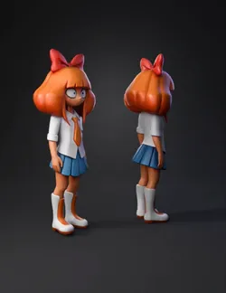 orange haired schoolgirl character with white blouse blue pleated ski