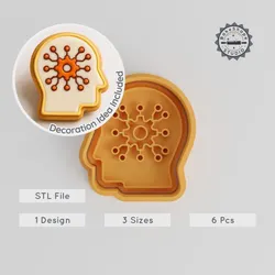 Cybernetic Brain Shape Cutter & Stamp Set, Perfect for Cookies & Fondant, 3 Sizes, 6 Pieces, Tech Neural Design