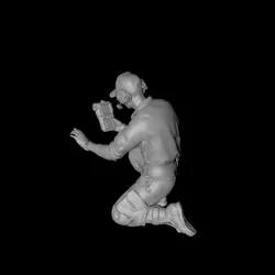 Ground support staff - squatting and touching objects to check 3D digital character model