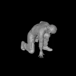 Ground support staff - squatting on the object to check 3D digital character model