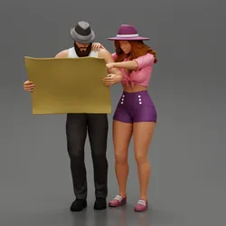 travel man holding map with travel woman pointing her next destination using world map