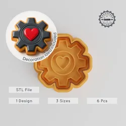 Gear Heart Shape Cutter & Stamp, Cookie & Fondant Decor, 3 Sizes, 6-Piece Set