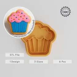 Muffin Shape Cutter & Stamp, Bakery Dessert Cookie & Fondant, 3 Sizes, 6-Piece Collection