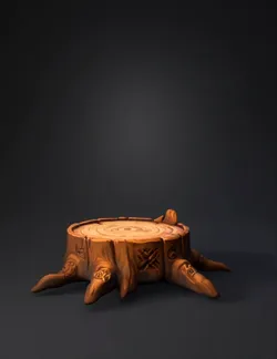 carved wooden tree stump with roots and circular growth rings brown w
