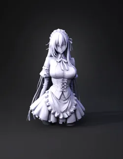 maid character in a white and black frilly maid outfit with blue ribbo