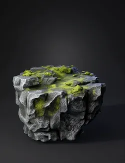 mossy rock block with greenery and rocky surface