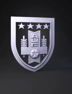 shield emblem with gold trim gray field blue ribbon and soccer ball