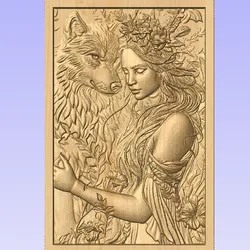 Mystic Woman and Wolf – 3D STL Relief for CNC
