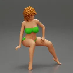 Young Woman Sitting in bikini with Curly Hair