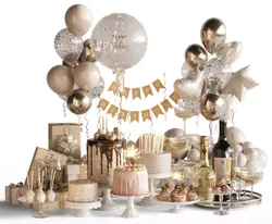 Birthday Holiday Decoration with cakes and balloons and gifts 3D model