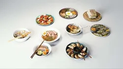 Food collection plate of spring rolls with sauce 3D model