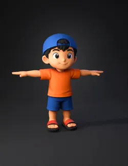 Figure of a child character with orange shirt blue shorts and cap sa