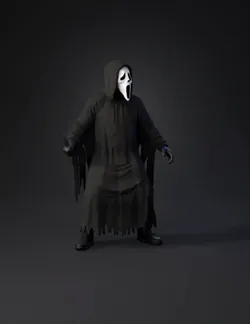 Ghostface character in a torn hooded robe with dagger and white scream