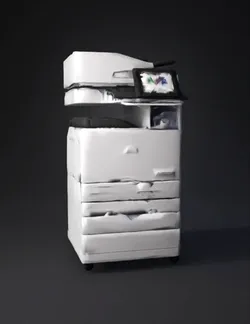 hp multifunction printer with touchscreen control panel and paper tray