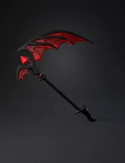 red and black dragon wing weapon with curved blade and membrane like w