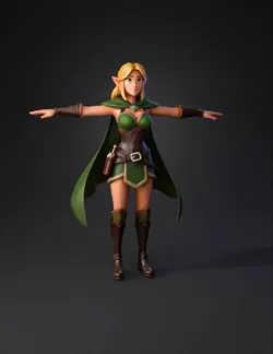 Stylized handpainted 3d game ready female elf character green and b