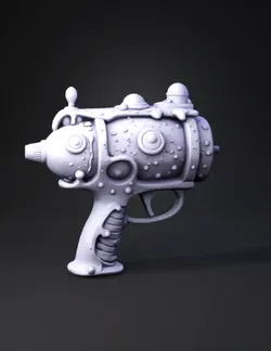 yellow and blue stylized ray gun toy with pink accents oversized cart