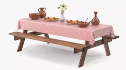 Rustic Picnic Table with Food and Pottery Served 3D model