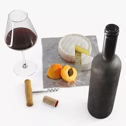 Wine Serving Set with Brie Cheese and Apricot Slices 3D model