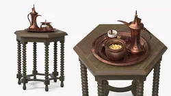 Oriental Copper Coffee Set on Table with Dried Dates 3D model