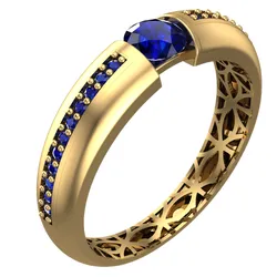 Geometric Patterned Gold Ring – Elegant Jewelry with Sapphire Stone-R5-03-