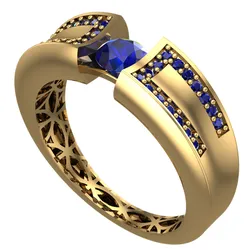 Geometric Patterned Gold Ring – Elegant Jewelry with Sapphire Stone-R5-18-
