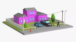 Low Poly Suburban House with Two Cars and Garden Low-poly 3D model