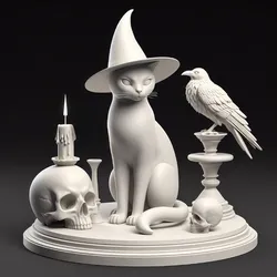 3294 Witch Cat Composition - Skull, Raven & Candleholder on Shared Ivory Base, Halloween, fox, fox, spider, troll, gnome, gorgon, bat, monster, wizard, witch, werewolf, horror, beast, mutant spider, skeleton, skull, serpent, STL