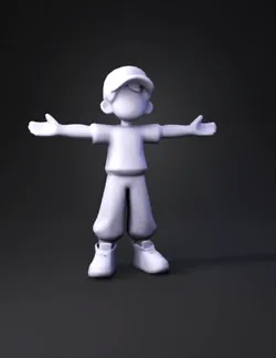 create a cartoon low poly small boy he wearing a cap and a wide stree