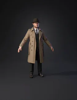 detective character with beige trench coat fedora and suit in neutra