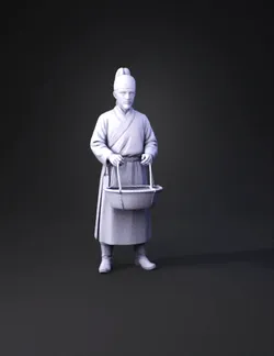 humanoid figure in traditional robe holding woven basket