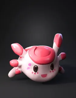 pink rounded creature with pink fins and small limbs cute face on mos