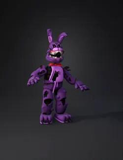 purple animatronic rabbit with exposed teeth bow tie and torn joints