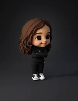 stylized female avatar with curly brown hair black outfit and sneake