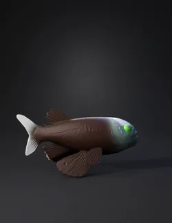 dark fish with transparent dome over head and glowing green eyes
